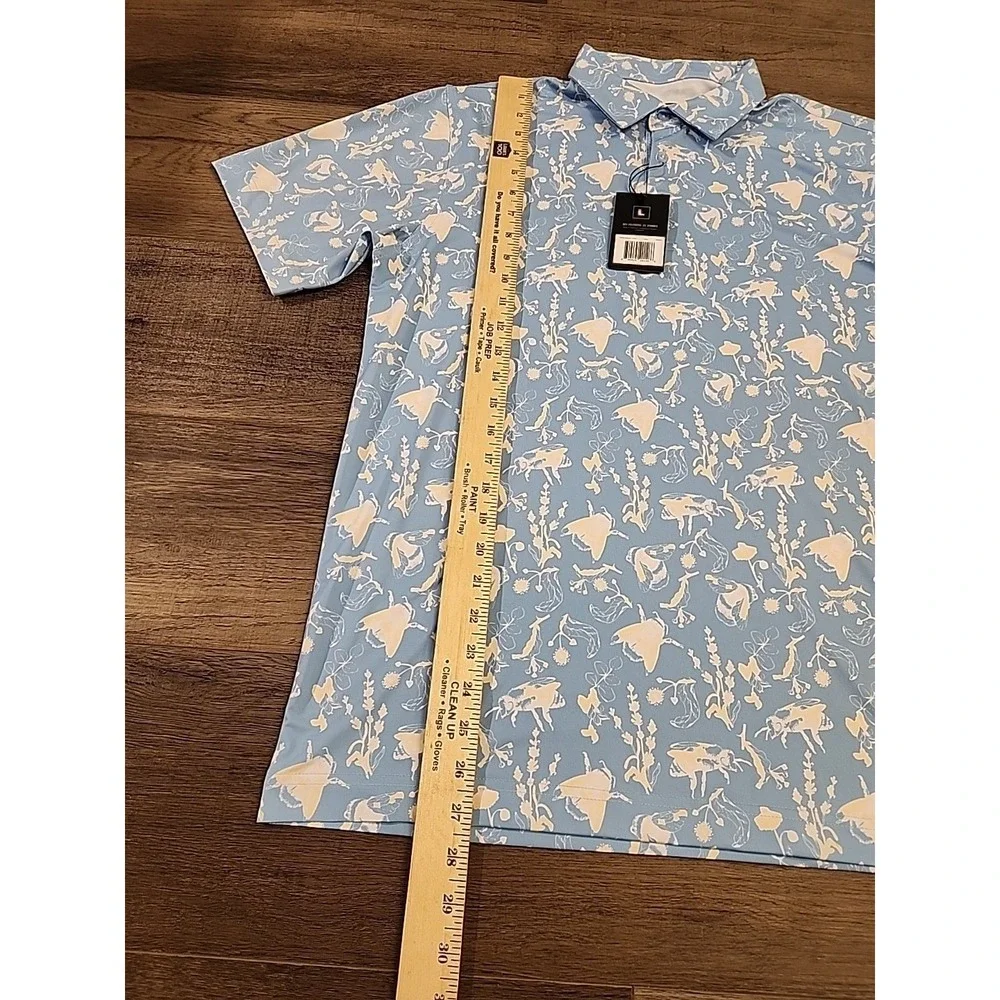 Waggle Buzzin Polo Shirt Mens Large Blue Bee Floral Print Performance Stretch - Picture 3 of 4